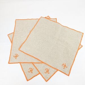 Set Of 4 Linen Cotton Orange And Tan Placemats Monogrammed 'H' Embroidered [248]